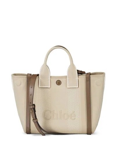 Chloé Carry Small Tote Bag In Beige Striped Canvas In Brown