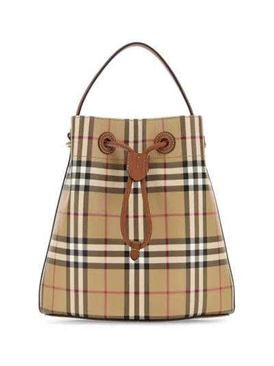 Burberry Check Pattern Canvas Bucket Bag With Top Handle And Leather Trim In Multi