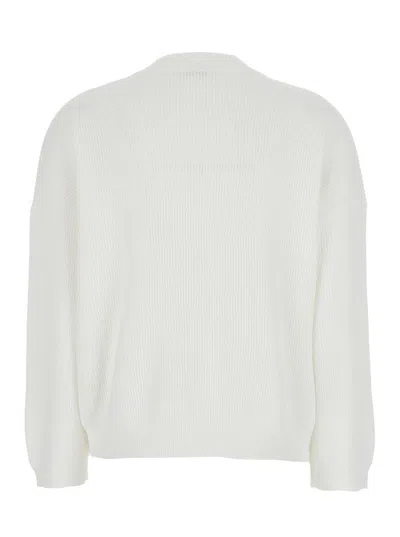 Brunello Cucinelli White Sweater With V Neck And Monile Detail On The Front In Cotton Woman