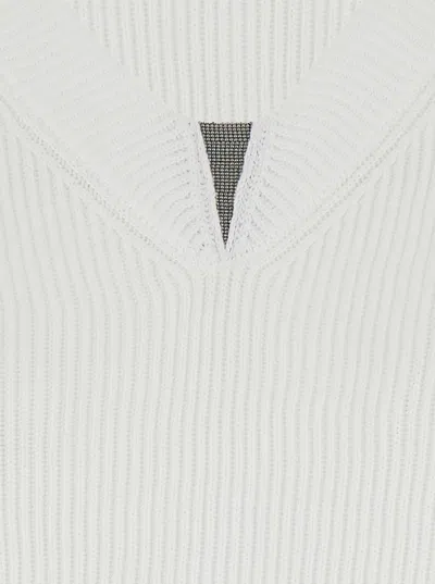 Brunello Cucinelli White Sweater With V Neck And Monile Detail On The Front In Cotton Woman