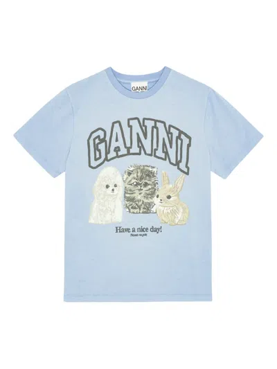 Ganni Basic Cotton Jersey Animals Relaxed T-shirt In Blue