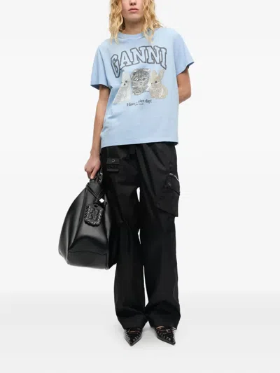 Ganni Basic Cotton Jersey Animals Relaxed T-shirt In Blue