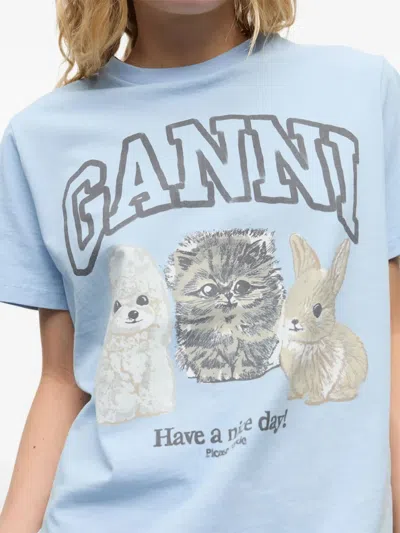 Ganni Basic Cotton Jersey Animals Relaxed T-shirt In Blue