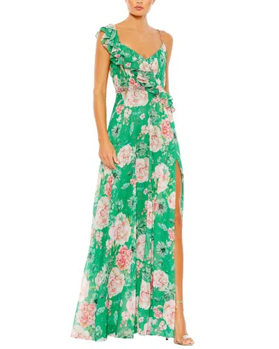 Mac Duggal Floral Print Ruffled Wrap Over A Line Gown In Green