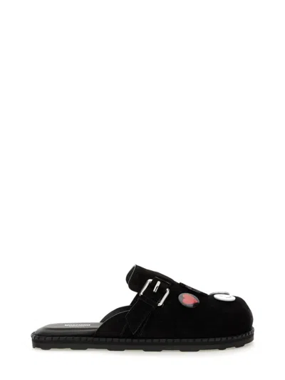 Moschino Buckle Detail Sandals With Embellished Flat Sole In Black