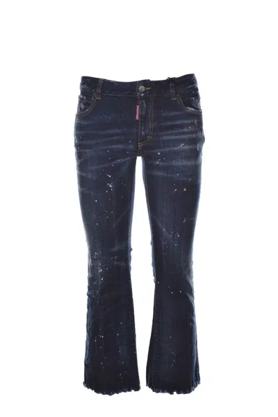 Dsquared2 Dark Blue Cotton Bell Bottom Crop Jeans In Blue