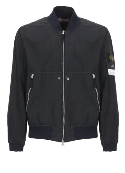 Stone Island Black Bomber Jacket With Front Zip Closure And Logo Patch On The Sleeve In Tech Fabric Man
