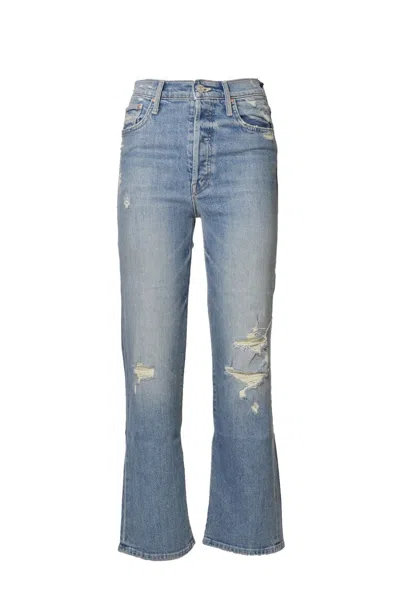 MOTHER DISTRESSED STRAIGHT LEG JEANS IN BLUE DENIM 