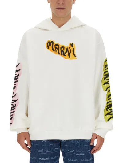 Marni White Bio Cotton Hoodie With Graffiti Prints