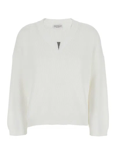 Brunello Cucinelli White Sweater With V Neck And Monile Detail On The Front In Cotton Woman