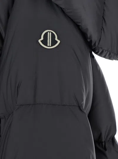 Moncler X Rick Owens 'cyclopic' Black Down Jacket With Removable Hood And Logo Patch In Tech Fabric Woman