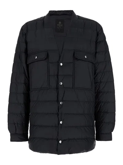 MONCLER X RICK OWENS BLACK DOWN JACKET WITH LOGO PATCH ON THE SLEEVE AND SNAP BUTTONS IN TECH FABRIC MAN 