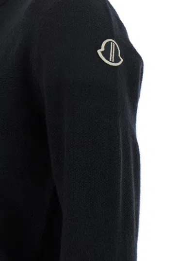 Shop Moncler X Rick Owens 'biker' Black Crewneck Sweater With Logo Patch On The Sleeve In Wool And Cashmere Blend Woman