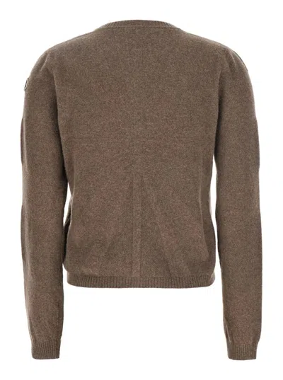 Moncler X Rick Owens 'biker' Brown Crewneck Sweater With Logo Patch On The Sleeve In Wool And Cashmere Blend Woman