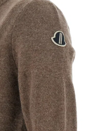 Moncler X Rick Owens 'biker' Brown Crewneck Sweater With Logo Patch On The Sleeve In Wool And Cashmere Blend Woman
