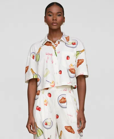 Avec Les Filles Womens Printed Button Front Camp Shirt Wide Leg Pants In White