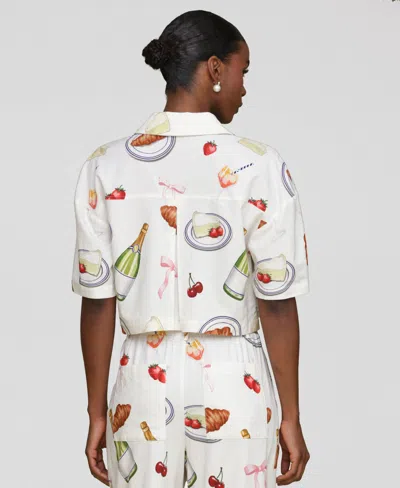 Avec Les Filles Womens Printed Button Front Camp Shirt Wide Leg Pants In White