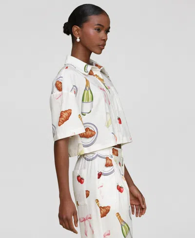 Avec Les Filles Womens Printed Button Front Camp Shirt Wide Leg Pants In White