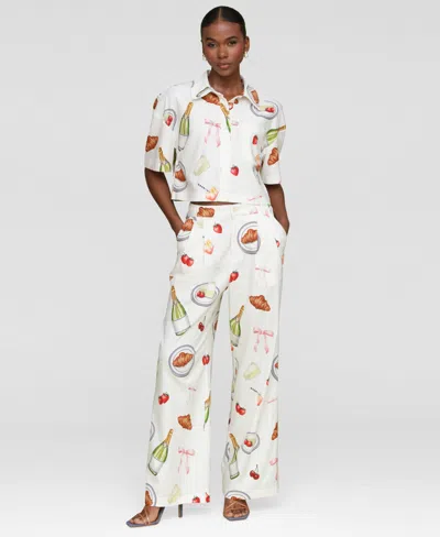 Avec Les Filles Womens Printed Button Front Camp Shirt Wide Leg Pants In White