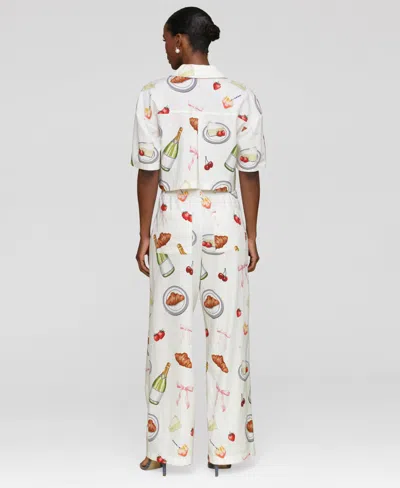 Avec Les Filles Womens Printed Button Front Camp Shirt Wide Leg Pants In White