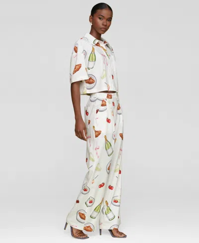 Avec Les Filles Womens Printed Button Front Camp Shirt Wide Leg Pants In White