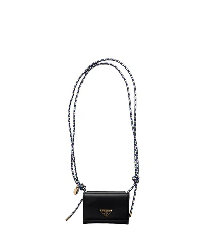 Prada Card Holder With Leather Shoulder Strap In Black