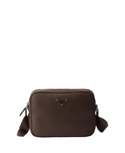 Prada Triangle Logo Leather Messenger Bag In Black