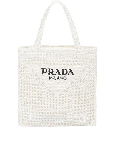Prada Bicolor Woven Logo Shopper Tote Bag In Bianco