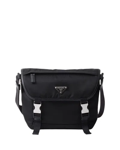 Prada Triangle Logo Re-nylon And Saffiano Leather Shoulder Bag In Black