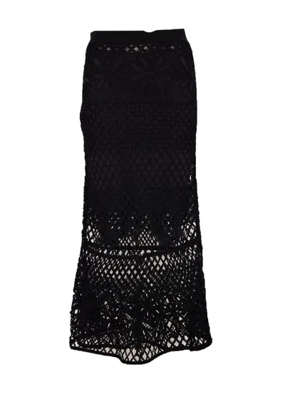 Pinko Black Long Skirt With Perforated Design And Floral Motif In Viscose Blend Woman In Black
