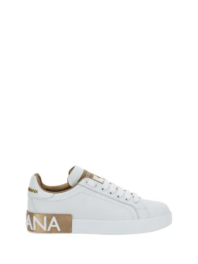 Dolce & Gabbana Portofino White And Gold Low Top Sneakers With Logo In Leather Woman In White