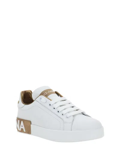 Dolce & Gabbana Portofino White And Gold Low Top Sneakers With Logo In Leather Woman In White