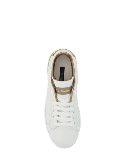Dolce & Gabbana Portofino White And Gold Low Top Sneakers With Logo In Leather Woman In White