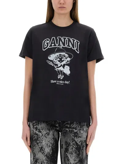 Ganni Black Crewneck T-shirt With Maxi Logo Lettering On The Front And Maxi Print On Front And Rear