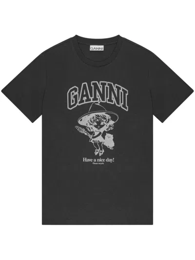 Ganni Black Crewneck T-shirt With Maxi Logo Lettering On The Front And Maxi Print On Front And Rear