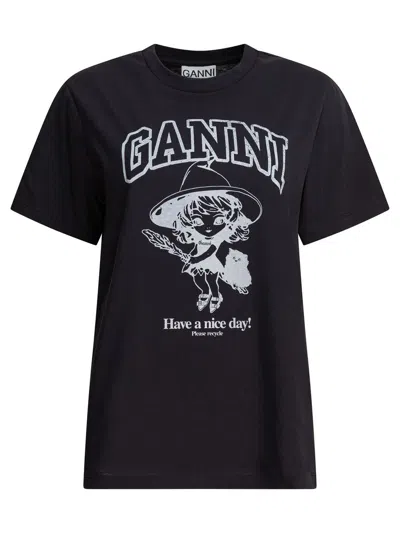 Ganni Black Crewneck T-shirt With Maxi Logo Lettering On The Front And Maxi Print On Front And Rear