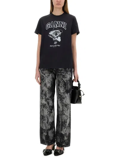 Ganni Black Crewneck T-shirt With Maxi Logo Lettering On The Front And Maxi Print On Front And Rear