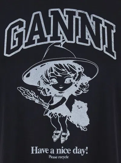 Ganni Black Crewneck T-shirt With Maxi Logo Lettering On The Front And Maxi Print On Front And Rear