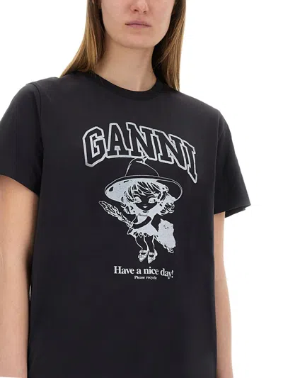 Ganni Black Crewneck T-shirt With Maxi Logo Lettering On The Front And Maxi Print On Front And Rear
