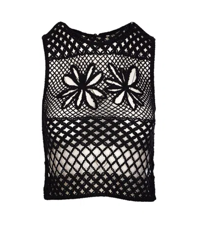 Pinko Black Top With Perforated Design And Diamond Motif And Floral Details In Black