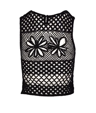 Pinko Black Top With Perforated Design And Diamond Motif And Floral Details In Black