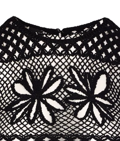 Pinko Black Top With Perforated Design And Diamond Motif And Floral Details In Black