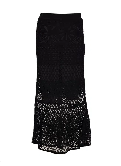 Pinko Black Long Skirt With Perforated Design And Floral Motif In Black
