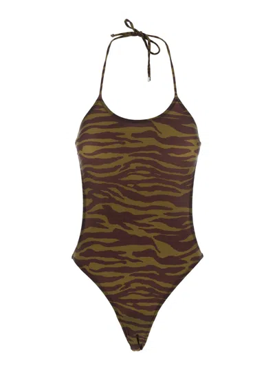 Attico Green Swimsuit With Halterneck With Tie And All-over Print In Tech Fabric Stretch Woman