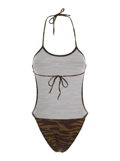 Attico Green Swimsuit With Halterneck With Tie And All-over Print In Tech Fabric Stretch Woman