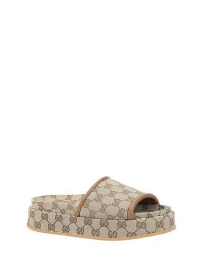 Gucci Women Beige Sandals With Leather Finishes And All-over Gg Motif In Fabric Woman In Brown