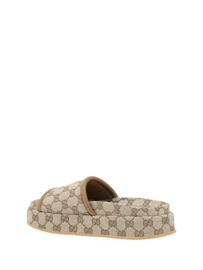 Gucci Women Beige Sandals With Leather Finishes And All-over Gg Motif In Fabric Woman In Brown