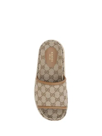 Gucci Women Beige Sandals With Leather Finishes And All-over Gg Motif In Fabric Woman In Brown
