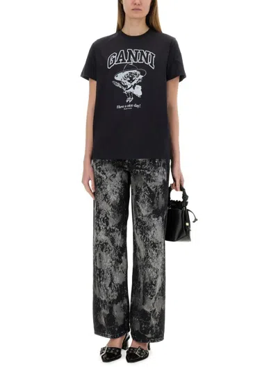 Ganni Black Crewneck T-shirt With Maxi Logo Lettering On The Front And Maxi Print On Front And Rear