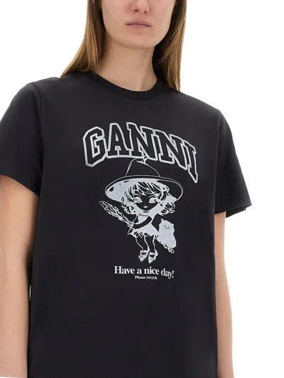 Ganni Black Crewneck T-shirt With Maxi Logo Lettering On The Front And Maxi Print On Front And Rear